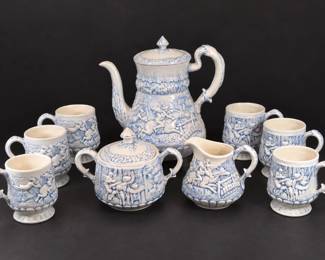 1971 Majolica-Style Blue & White Raised-Relief 11-Piece Coffee Set