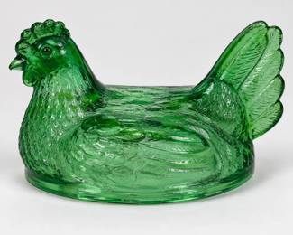 Large Green Glass Split-Tail Hen on Nest β Lid Only