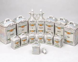 1920s German White Lusterware Canister & Spice Set