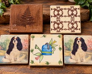 5 Decorative Ceramic Tile Coasters - Mikasa, Dogs, Fern & Scroll Designs