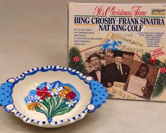 Hand-Painted Floral Serving Bowl & Christmas LP - Crosby, Sinatra & Nat King Cole