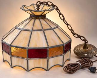 Stained Glass Hanging Swag Lamp - Cream, Red & Amber Panels, Brass Canopy