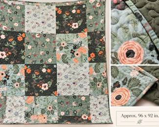Floral Patchwork Quilt β Green, Charcoal & Coral, 96" x 92"
