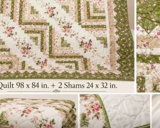 Shabby Chic Pink & Sage Patchwork Quilt Set with 2 Shams