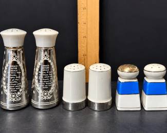 3 Pair Salt & Pepper Shakers - Grace Prayer, Blue & White Ceramic - 6 Pc Lot