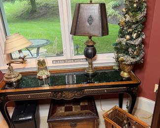 Drexel Heritage burl wood and glass-top sofa console table