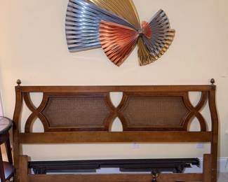 90's metal art, vintage wooden bedframe