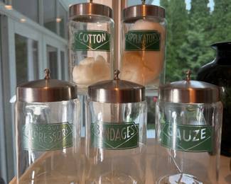 Set of five vintage medical glass apothecary storage jars