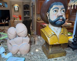 Large carved wooden bust of Sancho Panza (from Don Quixote)
