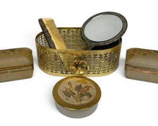 Antique Handheld Mirror, Glass Jewelry Boxes, Floral Ash Tray, More