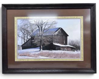 Framed Photograph Of Old Weathered Barn In Winter