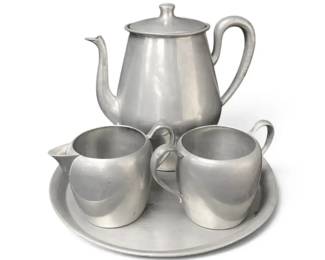 Federal Solid Pewter Teapot, Creamer, Sugar Set w Tray