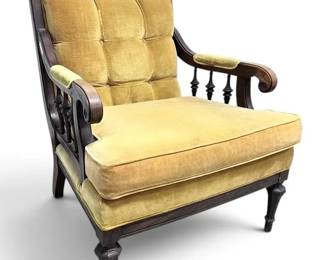 MidCentury Tufted Yellow Velour Armchair w Dark Wooden Frame
