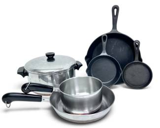 Four Piece Copper Bottom Revere Cookware Three Cast Iron Skillets