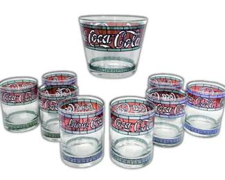 Eight TiffanyStyle CocaCola Glasses w Ice Bucket