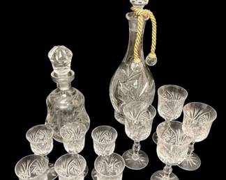 Antique Cut Crystal Decanter Set w Wine Glasses
