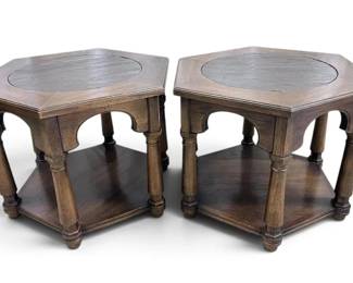 Pair Of Heritage Hexagonal Wooden Side Tables w Stone Tops