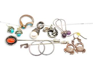 Sterling Silver Native American Ring, Earrings, Stick Pin, More Sterling Jewelry 29g Total