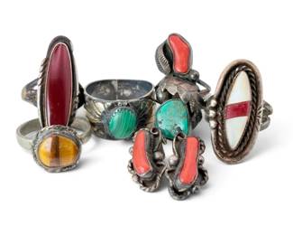 Sterling Silver Native American Turquoise, Coral, Malachite, More Rings 37g Total