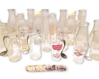 Vintage Glass Milk Bottles,Cottage Cheese Jars  Spoons With Advertising