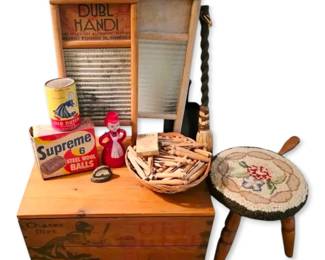 Vintage Laundry Washboards, Soap Crate, Clothespins, Stool,  More