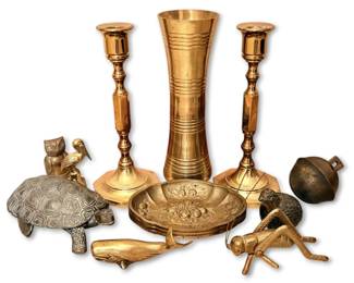 Brass Candlestick Holders, Bell, Turtles,  More Miniatures