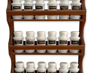Vintage Milk Glass Spice Jar Set w Wooden Rack