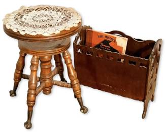 Antique Wooden Swivel Piano Stool w Claw Feet  Magazine Rack