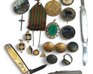 Vintage And Antique Metals, Pins, And Pocket Knives