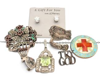Sterling Silver Tiffany Try God Pin, Towle Sterling Spoon Ring,  More 35g