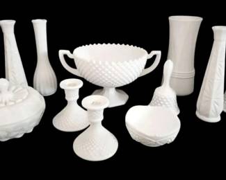 Milk Glass 2 Handled Compote, Vases, Bell  More