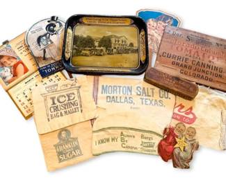 Antique Advertising Signs, Metal Tray, Fabrics, Calendar,  More