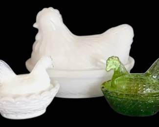Hazel Atlas Milk Glass Hen on Nest  Miniature Salt Cellars