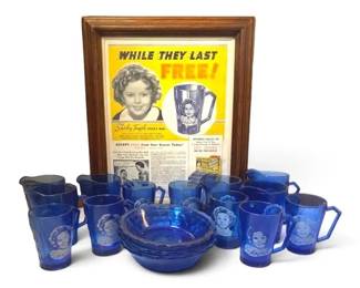 HazelAtlas Cobalt Blue Shirley Temple Glassware w Framed Promotional Advertisement