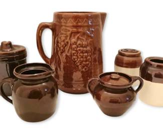 Brown Stoneware Pitcher  Small Crocks