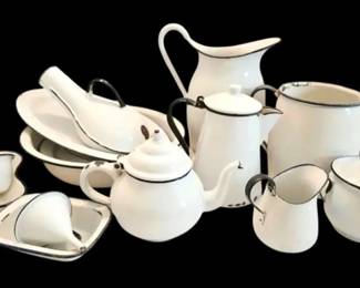 Vintage White  Black Enamelware Pitchers, Coffee Pots, Plates  More