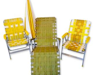 Vintage Yellow Aluminum Lawn Chairs, Green Lounge Chair,  Patio Umbrella