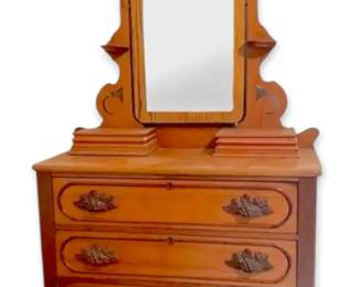 Antique Wooden Dresser  Mirror w Carved Handles