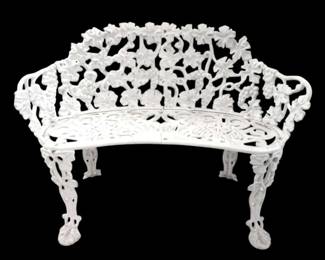 White VictorianStyle Cast Metal Garden Bench w Grape Motif