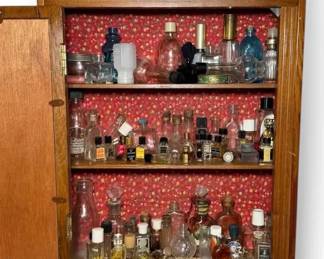Wood Perfume Cabinet W Perfume Bottles