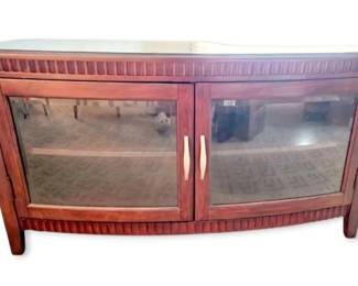 Wood Curved Front With Beveled Glass TV Console Stand With Glass Top Cover