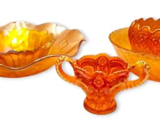 Marigold Carnival Glass Iris Ruffled Bowl, Footed Floral Dish,  More