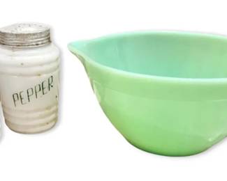 FireKing Jadeite Mixing Bowl w Milk Glass Ribbed Salt  Pepper Shakers