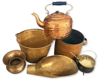Vintage Brass Bucket, Copper Tea Kettle  More