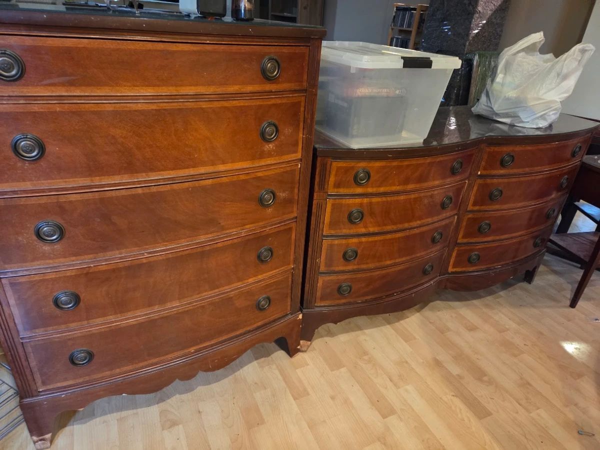 Dixie bedroom set. Two dressers, night stand, glass tops and mirror