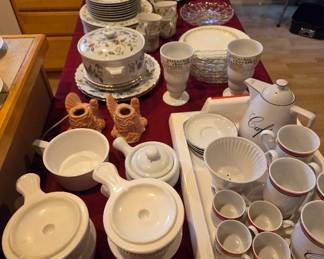 French onion soup, coffee service, dessert dishes, dinnerware