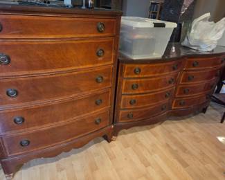Dixie bedroom set. Two dressers, night stand, glass tops and mirror