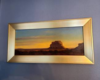 Original Michael Baum 22.5" x 9" Panoramic Landscape Painting of Fajada Butte in NM in custom gold leaf plein air frame