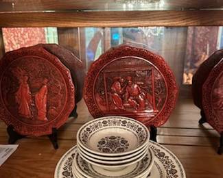 The Legend of the Peacock Maiden by Royal Cornwall decorative red carved plates