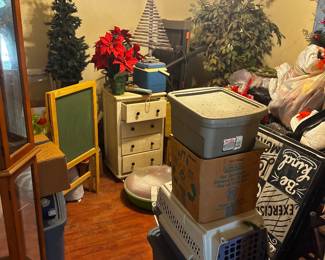 Pet carrier, chalk board easel, Christmas tree, ficus tree, curio cabinet 